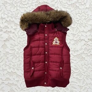 vintage victoria's secret pink maroon ASU fur hood puffer vest